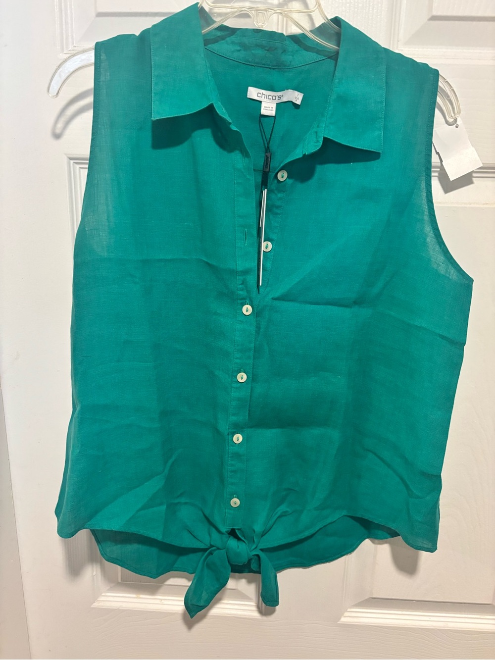 Chico's Linen Teal Tie-Front Sleeveless Button-Up Top NWT